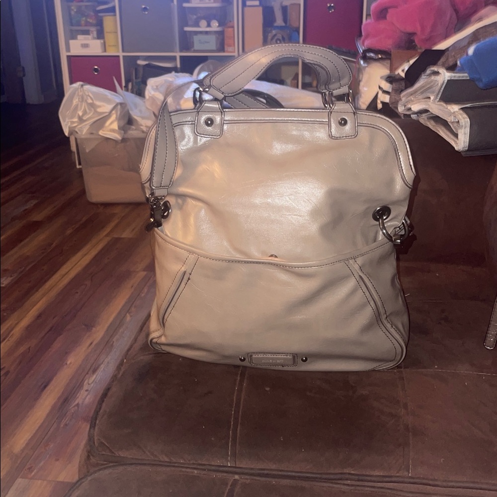 Vintage Nine West Taupe Fold Over Convertible Leather Tote Satchel - Picture 4 of 13
